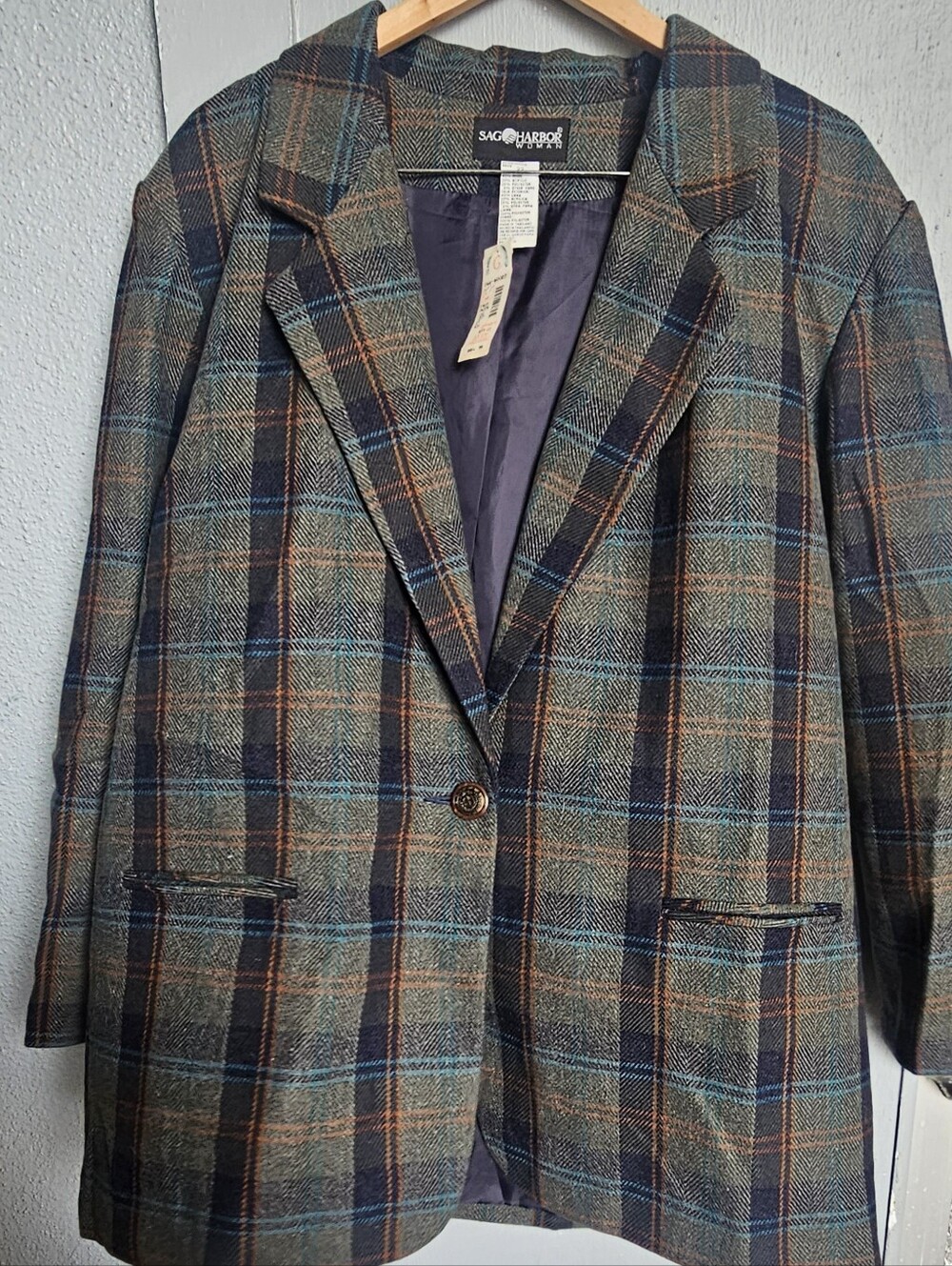 Vintage Sag Harbor Woman Plaid Wool Blend Blazer Jacket 22W Dark Academia NWT